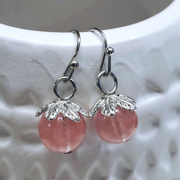 Artsy Leaf Capped Cherry Quartz Gemstone Dangle Silver Platinum Plated Earrings - Picture 7 of 11
